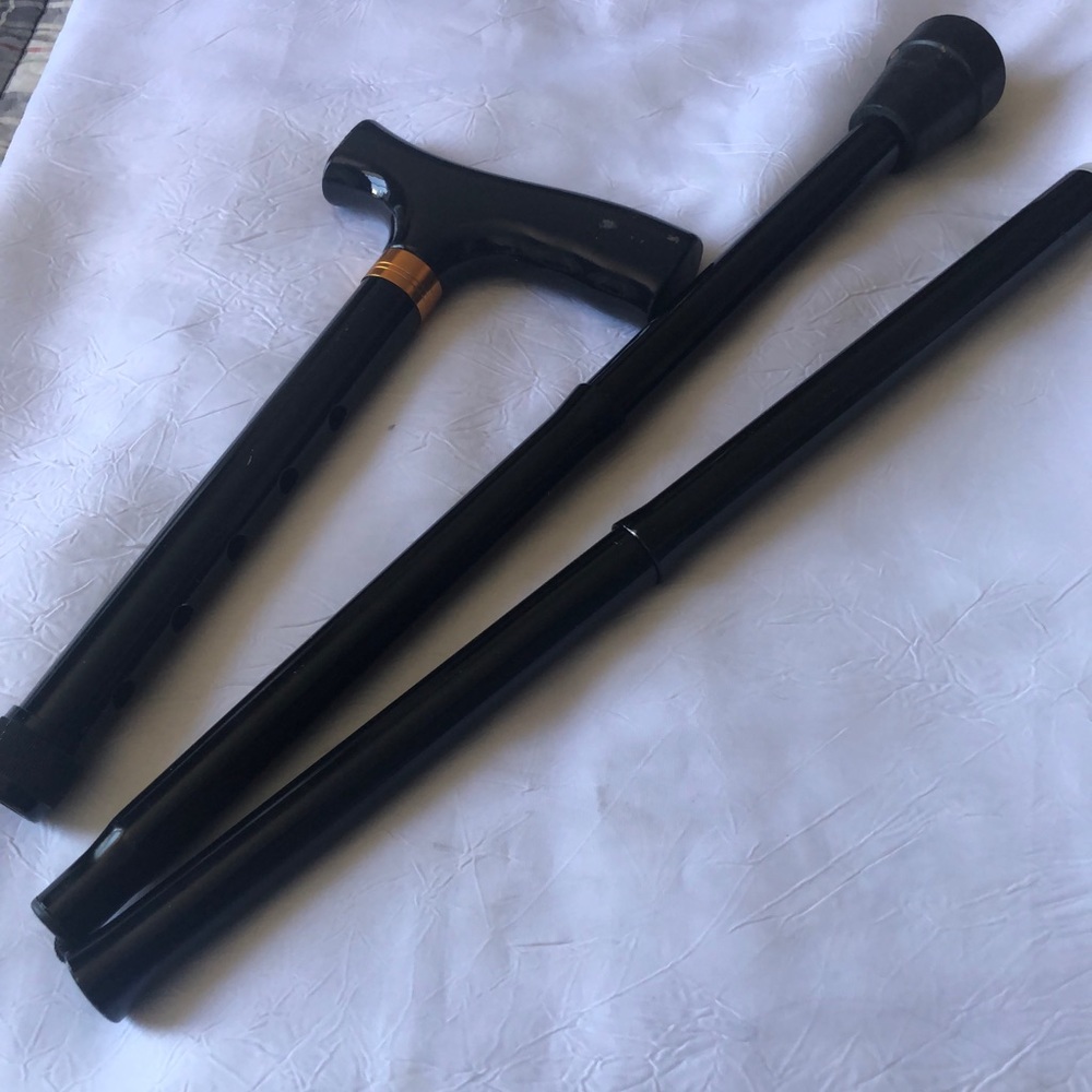 NEW Adjustable Folding Walking Stick with T-handle. Black with golden cross